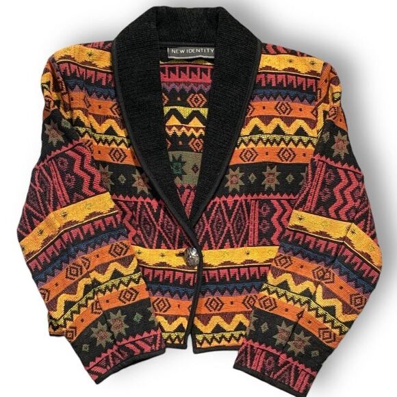 Vintage Blazer Jacket Southwestern Aztec Print Boxy Cropped Black Shawl Collar - Picture 11 of 11